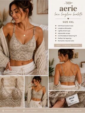 Aerie Lace Longline Bralette XXL Beige Floral Lace Adjustable Strap Bra